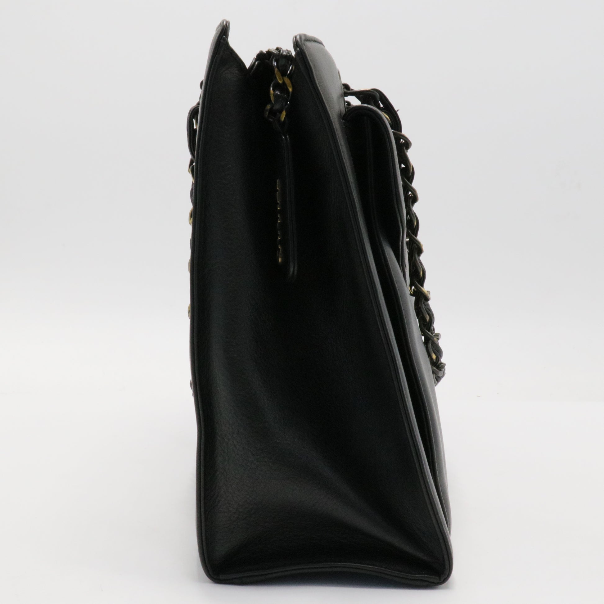 Chain Hand Bag Leather Black CC