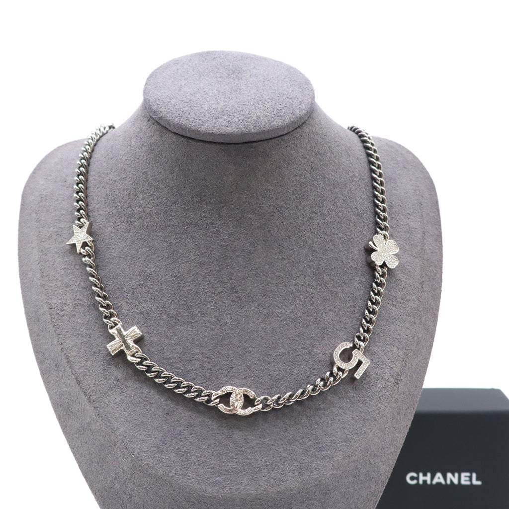 Chanel Ruthenium Crystal Chain CC Lucky Charms Choker Necklace Twins LDJ4532