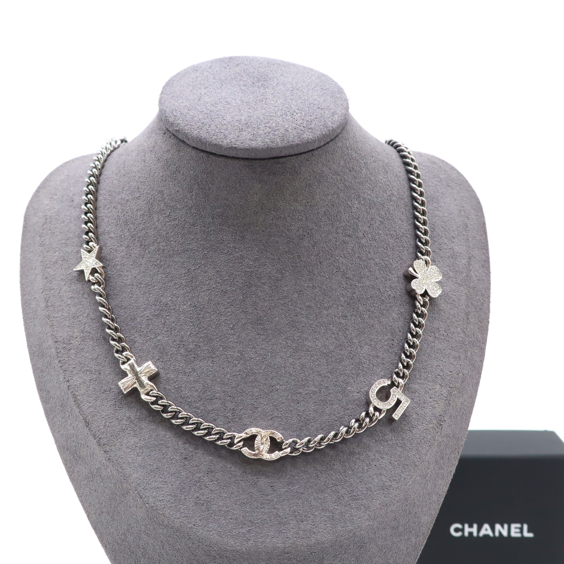 Chanel Ruthenium Crystal Chain CC Lucky Charms Choker Necklace Twins LDJ4532