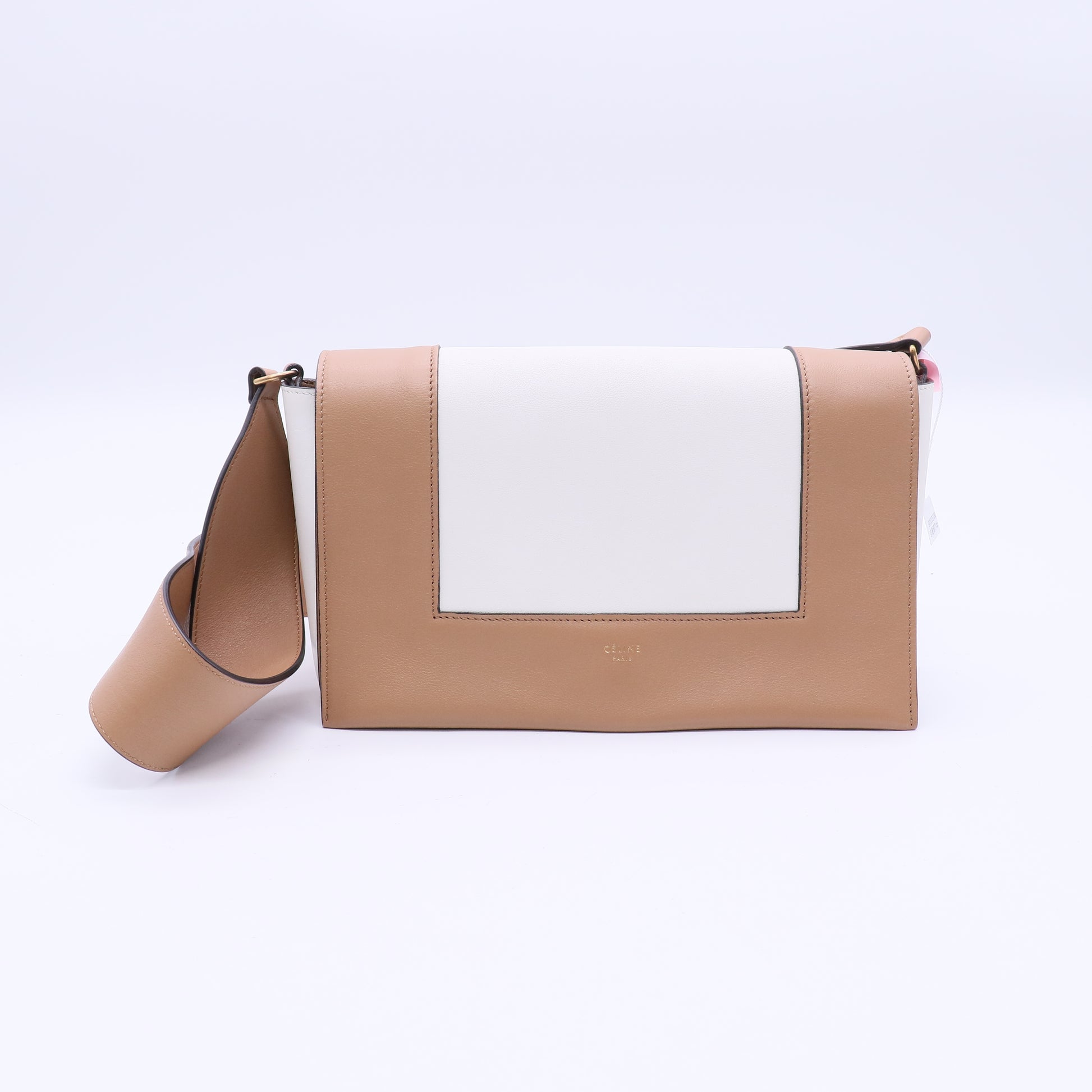 Celine Shiny Smooth Calfskin Medium Frame Shoulder Bag Tan Optic White twins LDJ3663