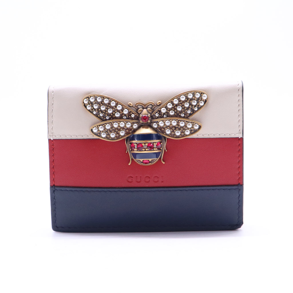 Calfskin Queen Margaret Card Case Wallet Blue Agata Hibiscus Red Mystic White W20960