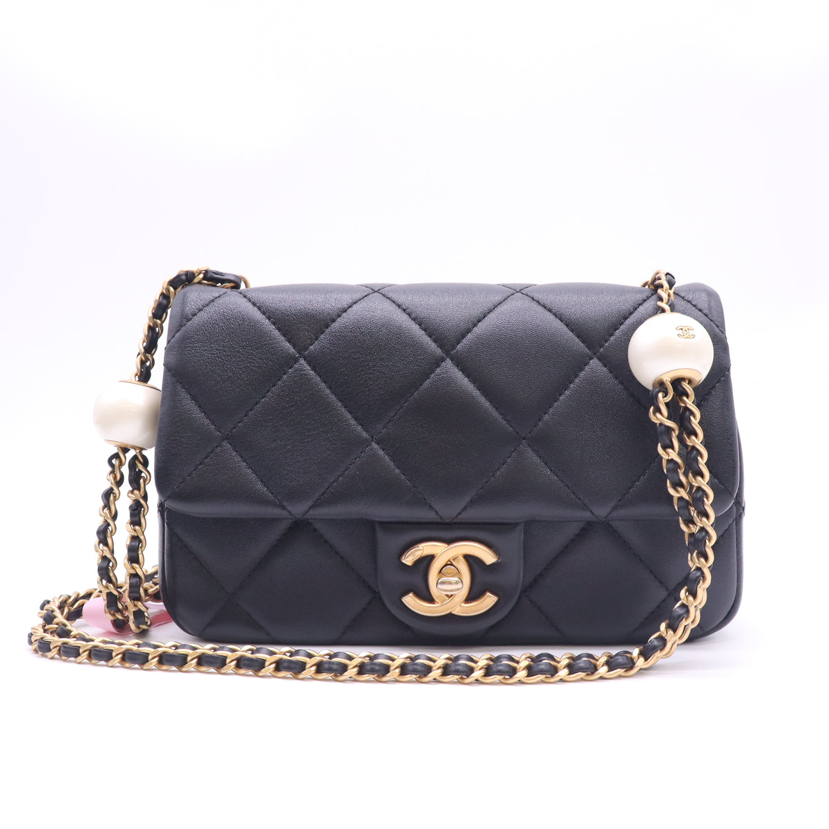 Chanel Black Quilted Lambskin Double Pearl Mini Flap Bag Aged Gold Hardware Twins LDJ6066