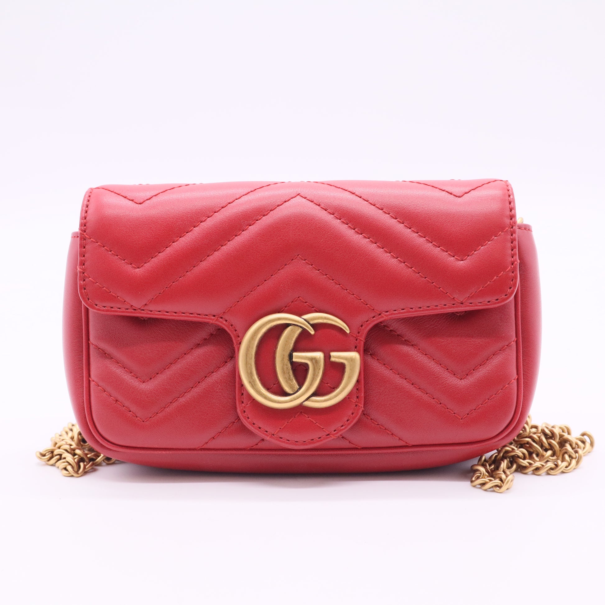 Calfskin Matelasse Super Mini GG Marmont Shoulder Bag Hibiscus Red