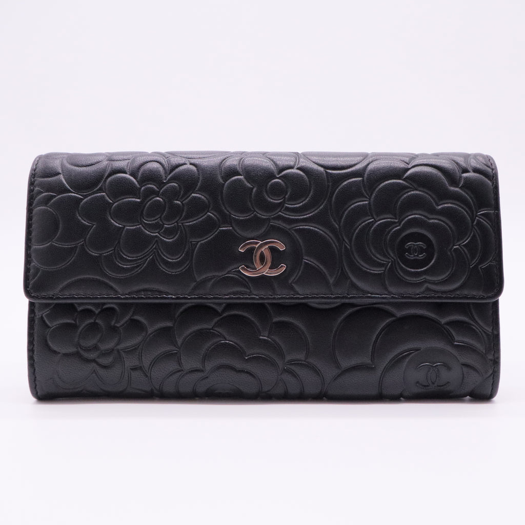 Lambskin Camellia Embossed Large Flap Wallet Black