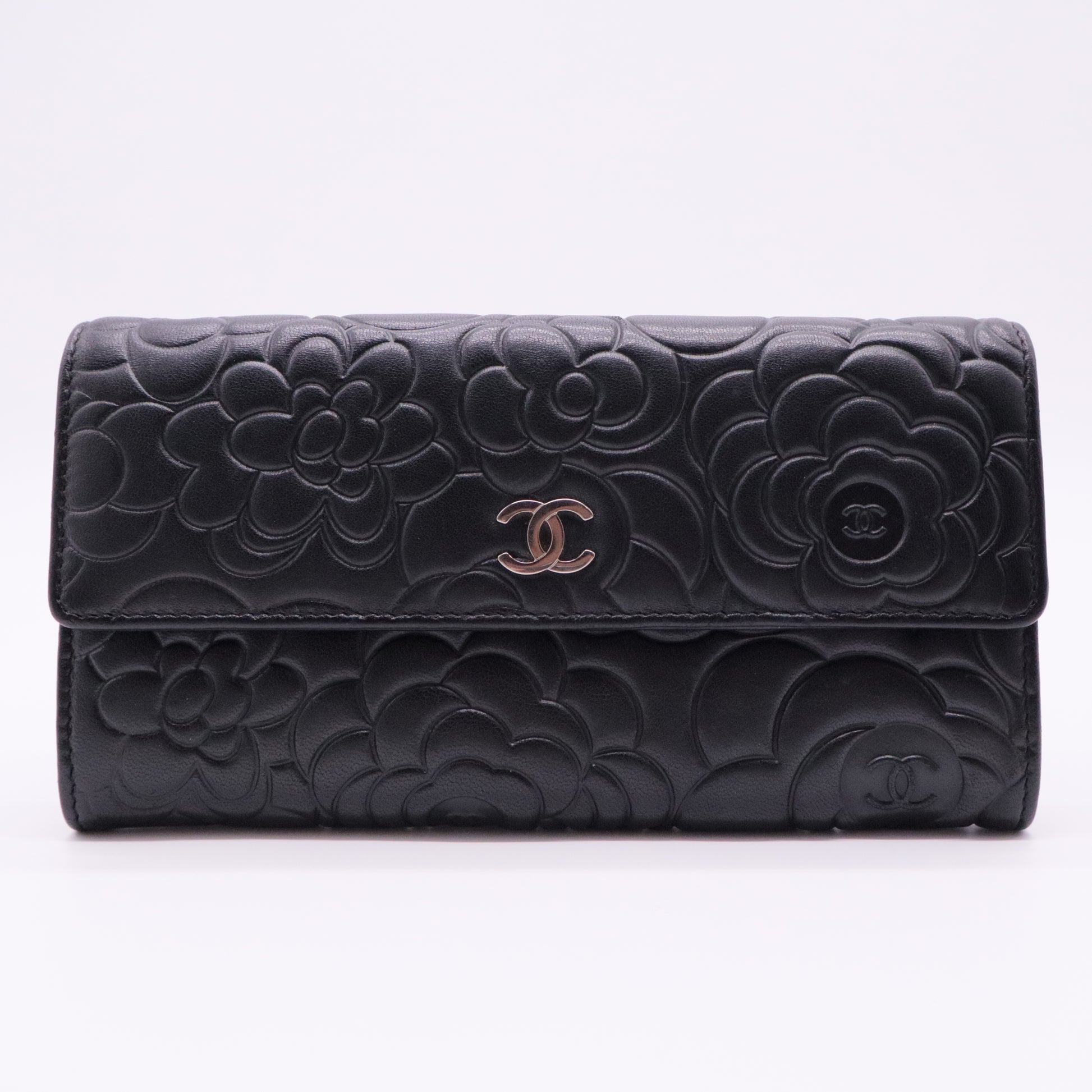 Lambskin Camellia Embossed Large Flap Wallet Black