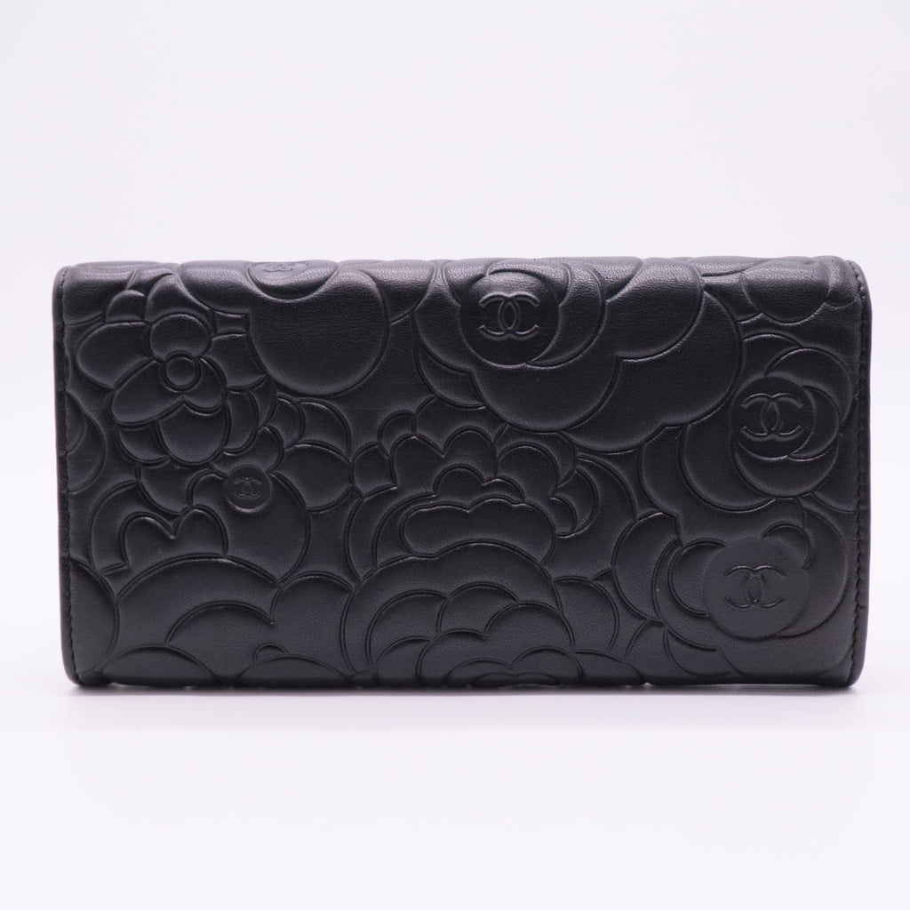 Lambskin Camellia Embossed Large Flap Wallet Black