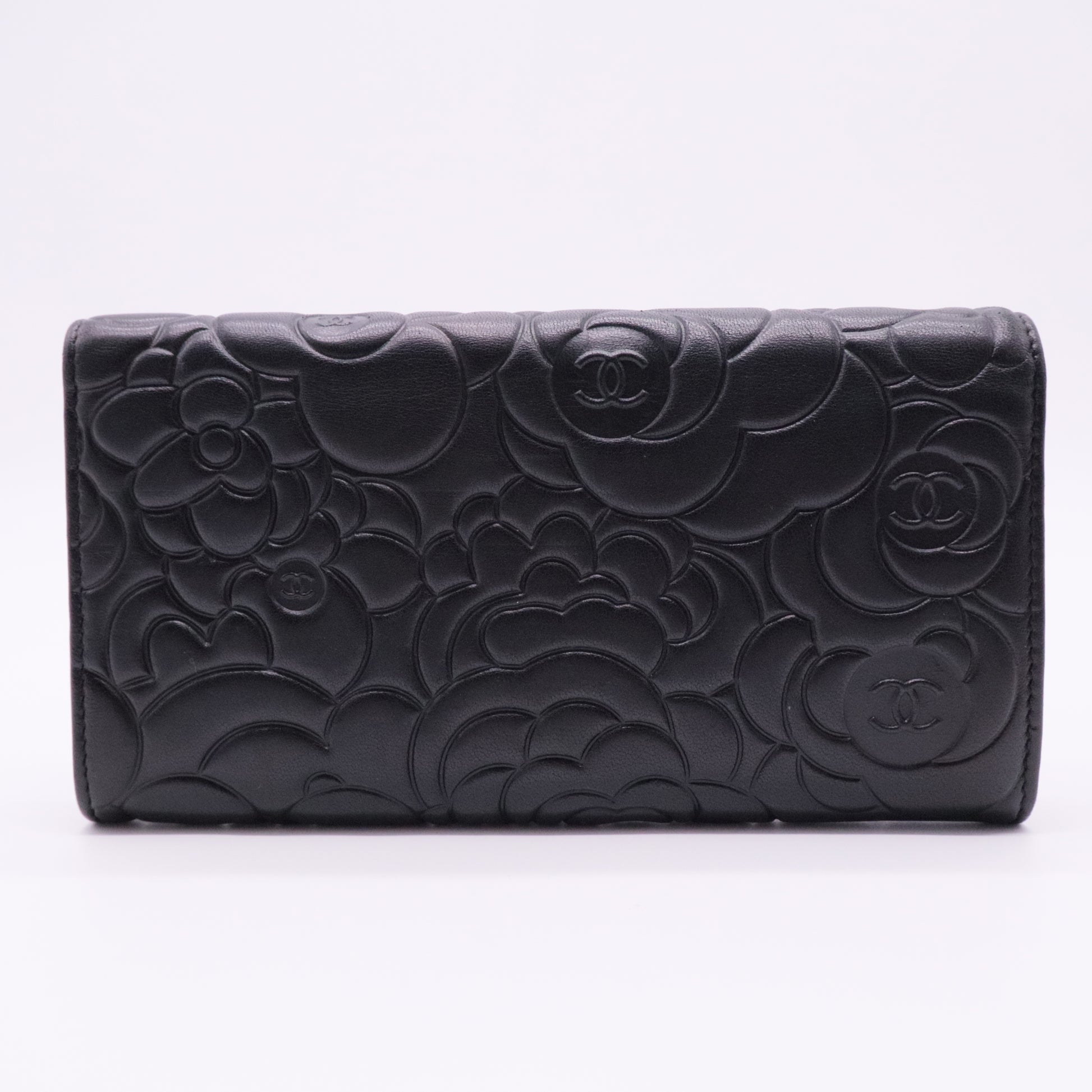 Lambskin Camellia Embossed Large Flap Wallet Black