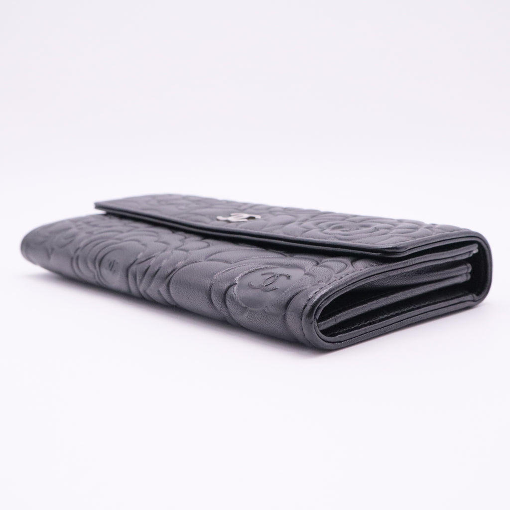 Lambskin Camellia Embossed Large Flap Wallet Black