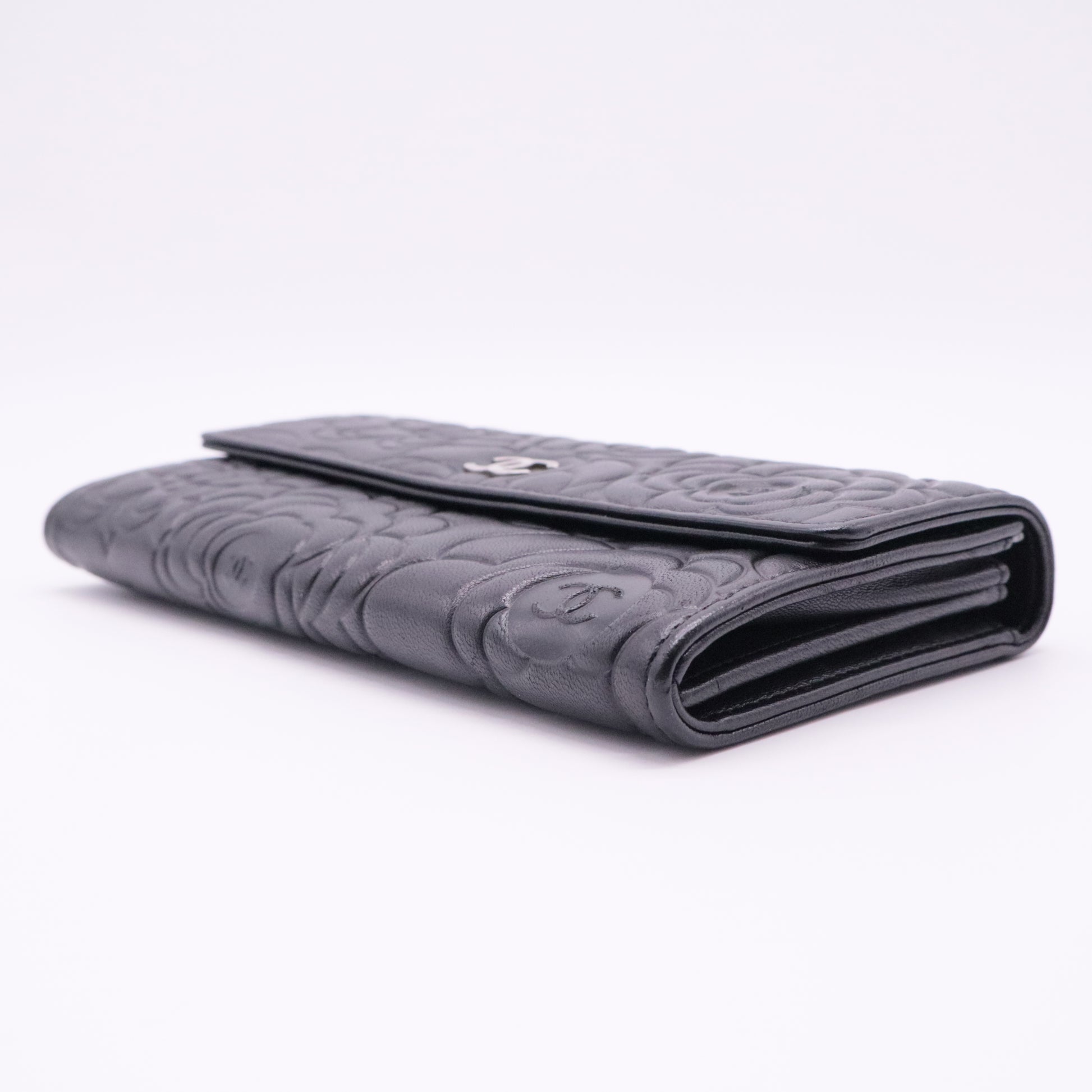 Lambskin Camellia Embossed Large Flap Wallet Black