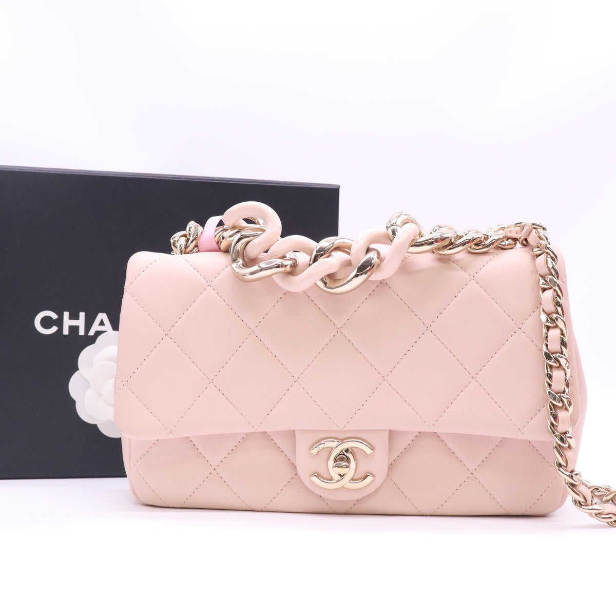 Chanel Lambskin Quilted Resin Bi-Color Chain Flap Bag Light Beige Twins LDJ6065