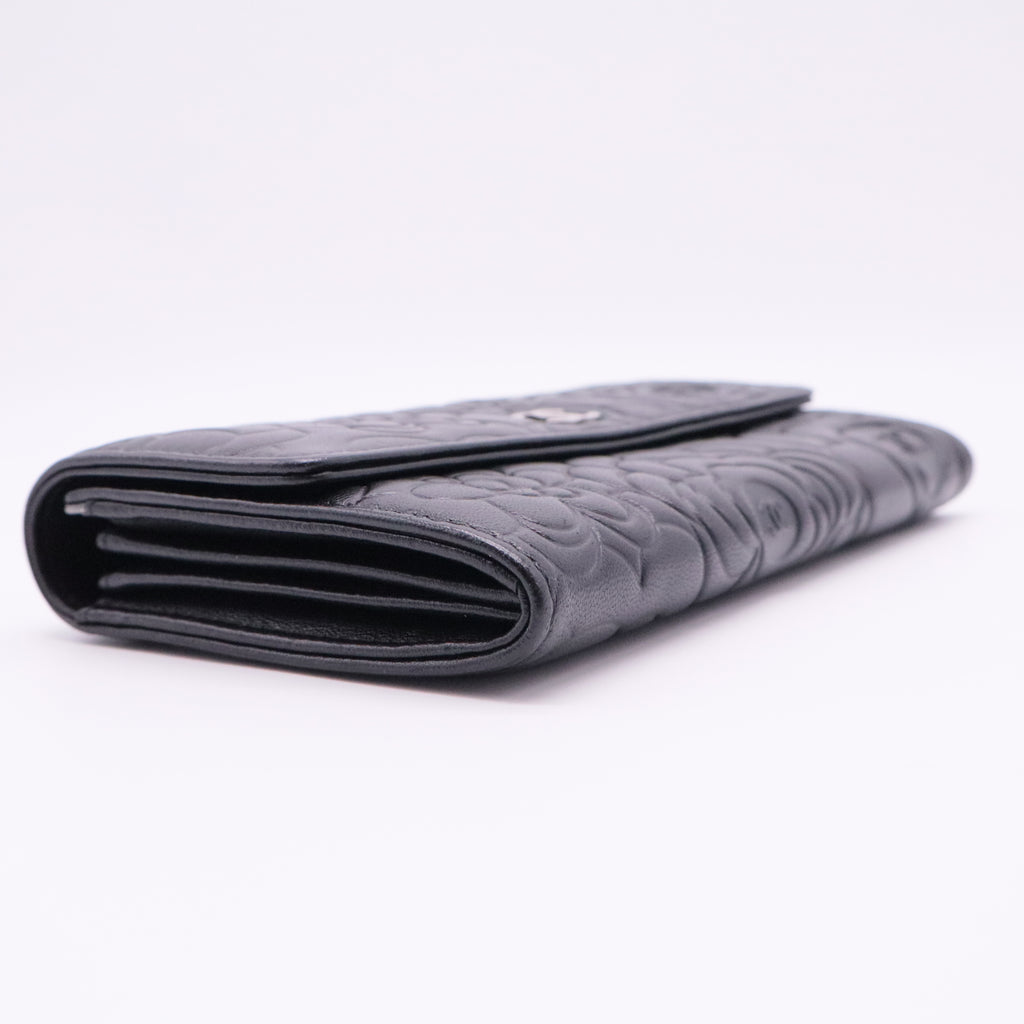 Lambskin Camellia Embossed Large Flap Wallet Black