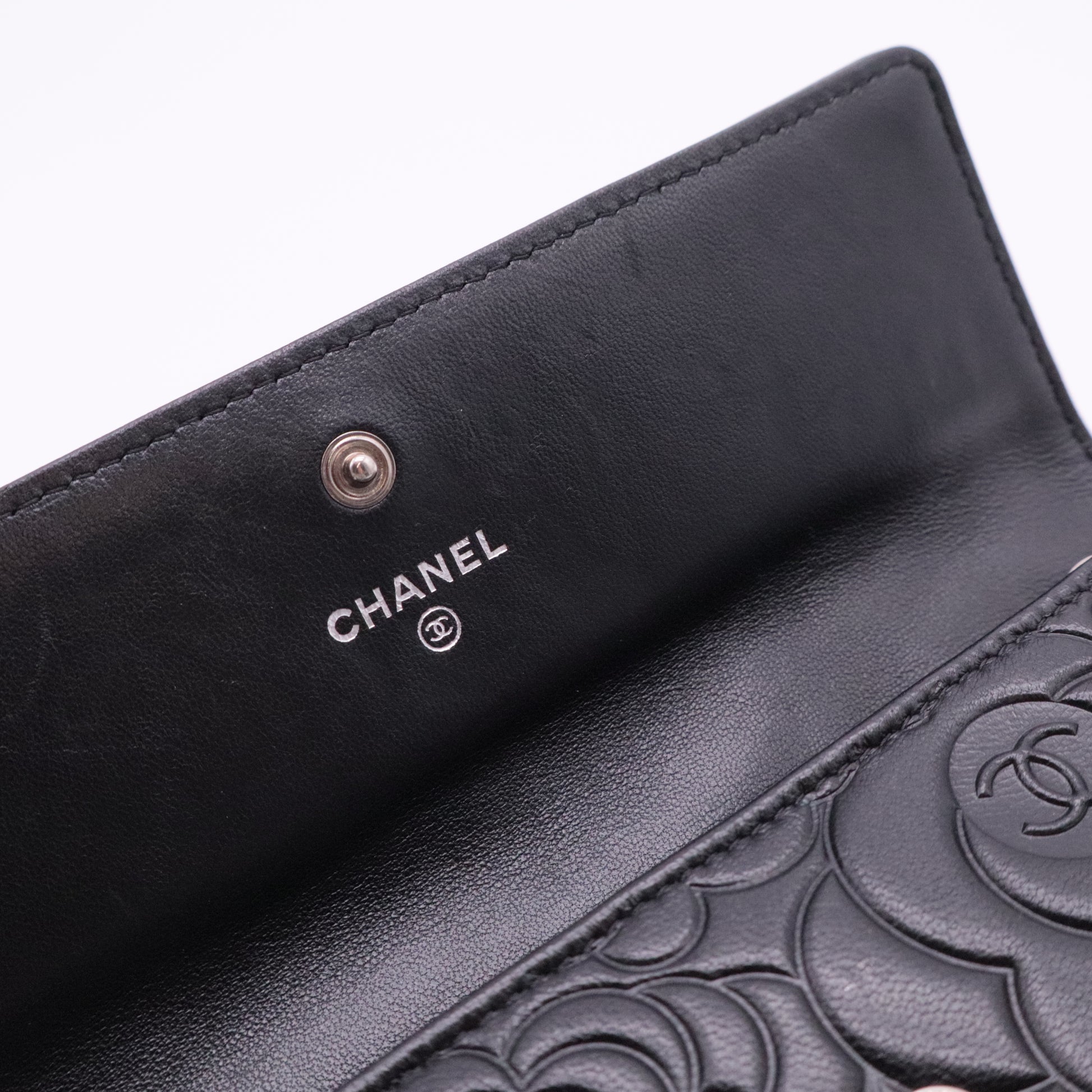 Lambskin Camellia Embossed Large Flap Wallet Black