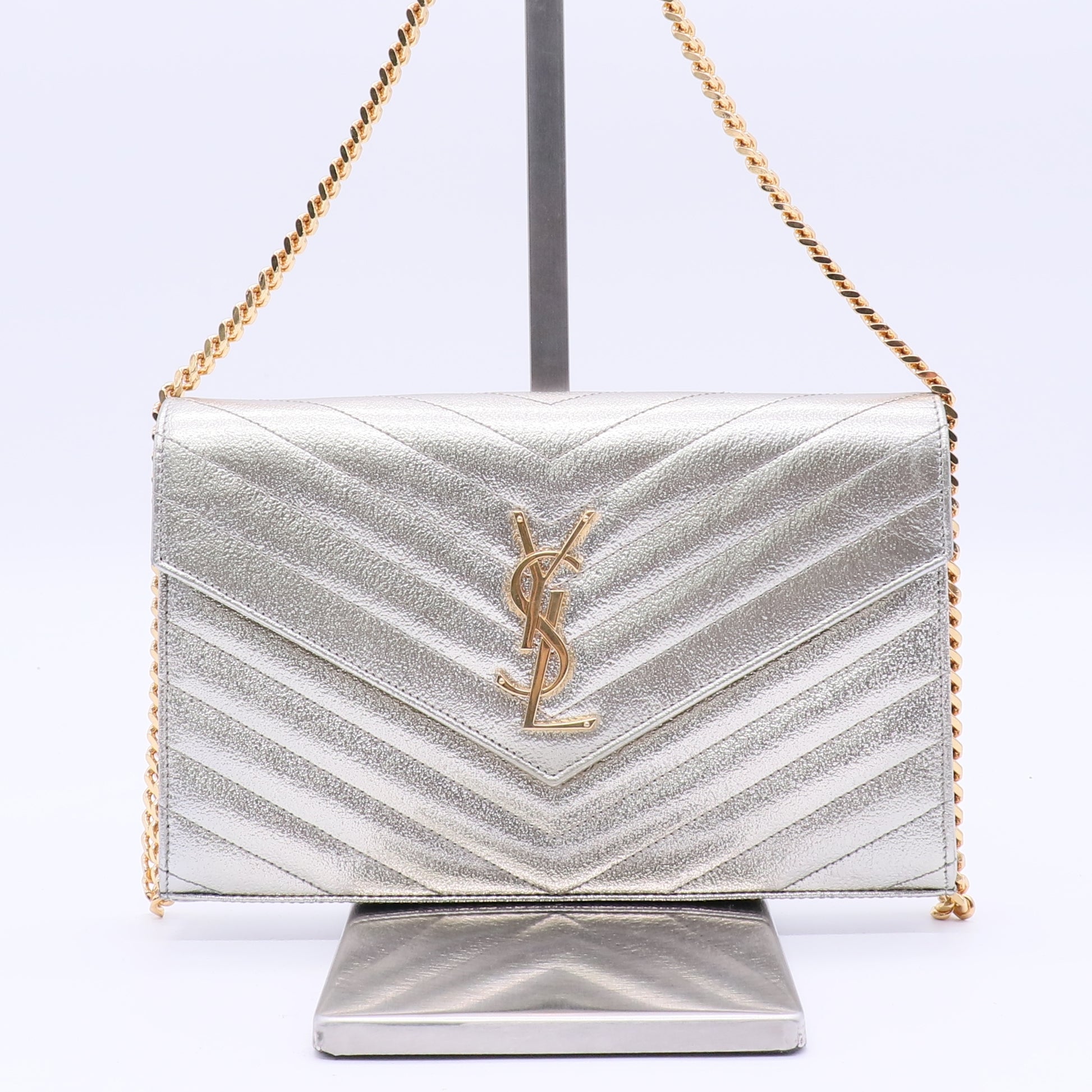 Classic Monogram Wallet on Chain Matelasse Chevron Metallic Leather Medium B20679