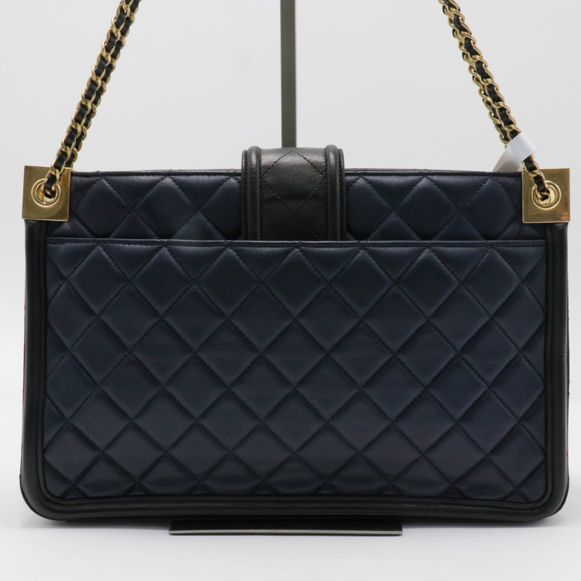 Lambskin Quilted Elegant CC Shopping Tote Navy Black For Gisel