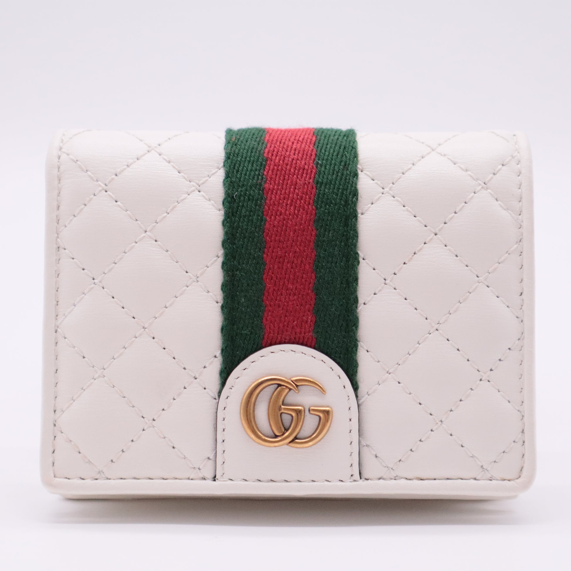 Calfskin Web Trapuntata GG Card Case Wallet Off White