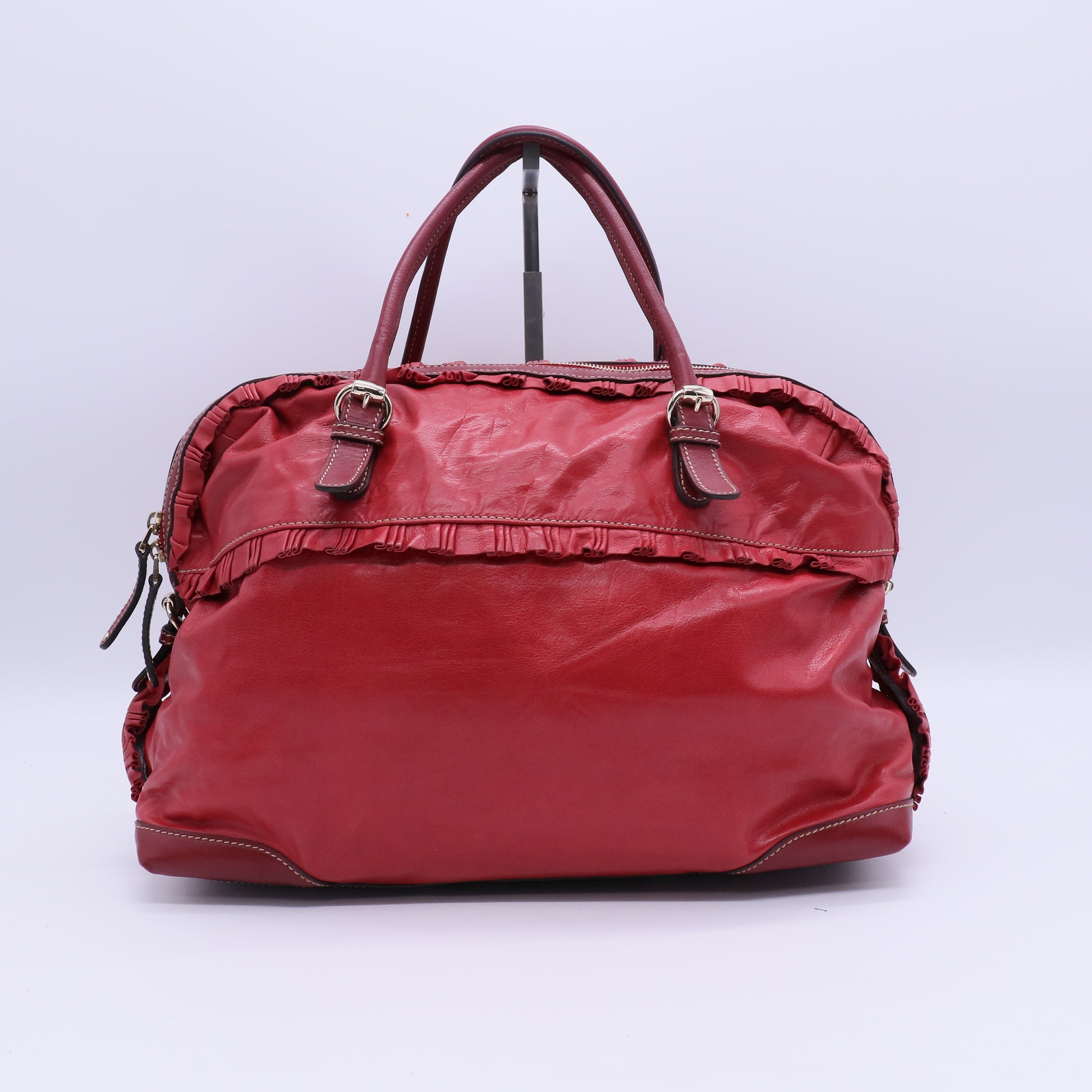 Leather Ruffle Sabrina Boston Tote Rouge B21354