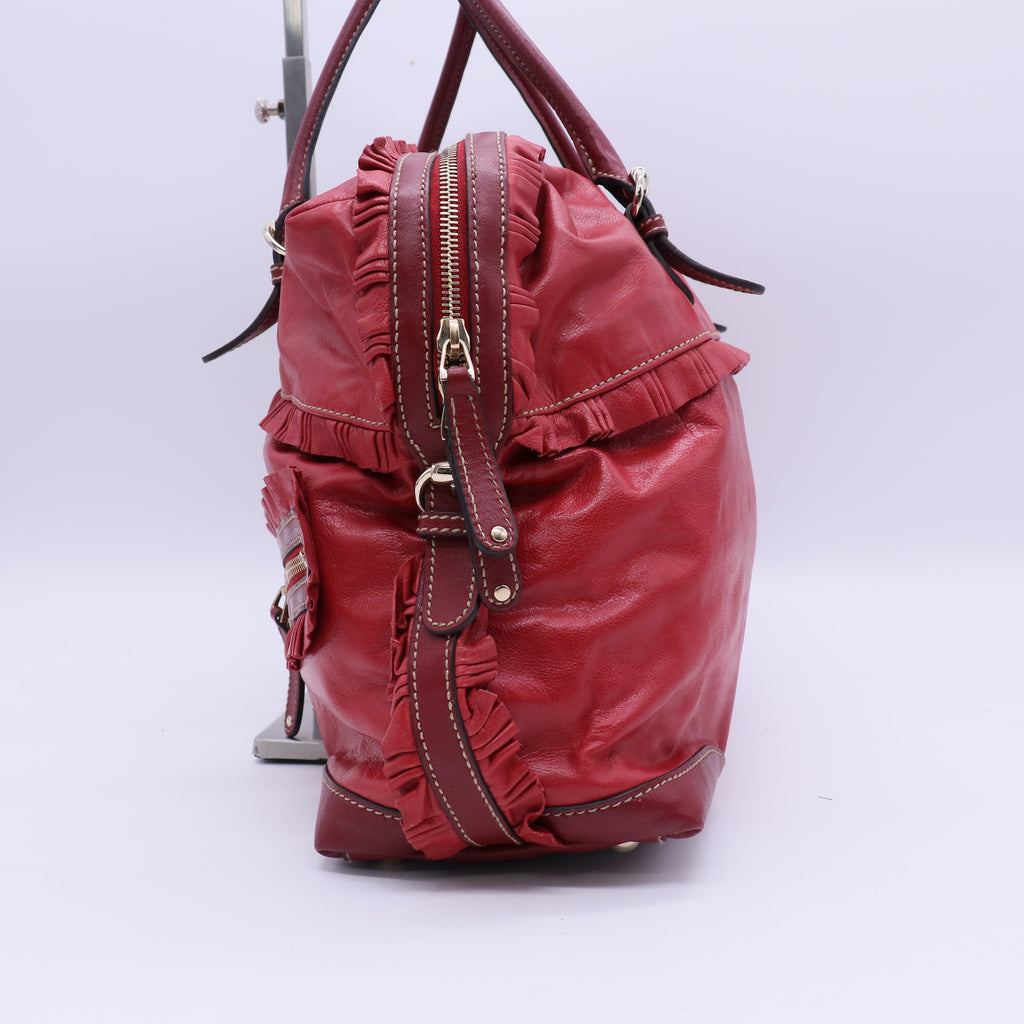 Leather Ruffle Sabrina Boston Tote Rouge B21354