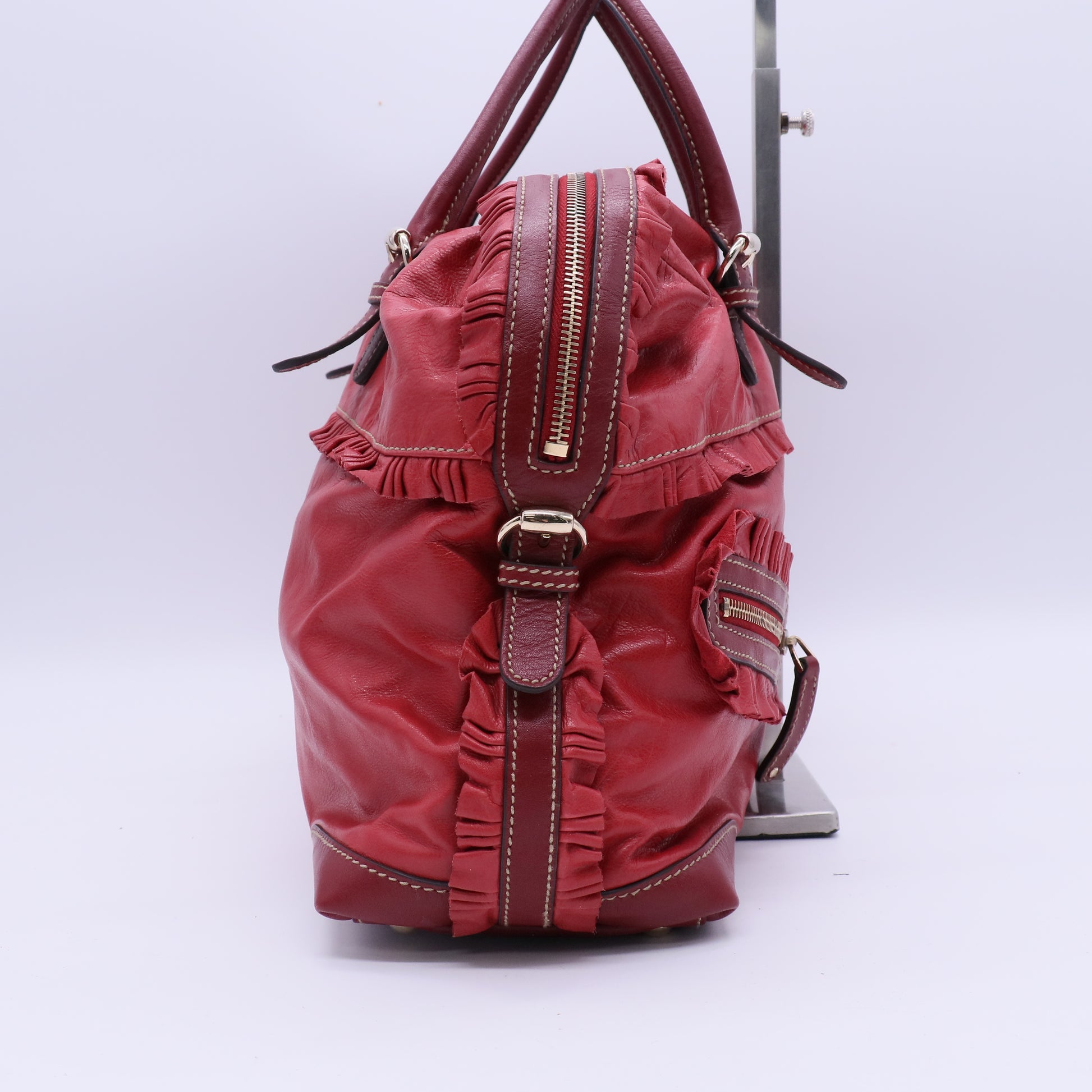 Leather Ruffle Sabrina Boston Tote Rouge B21354