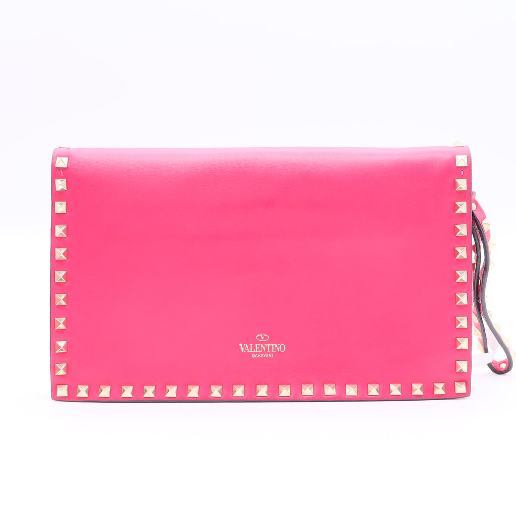Valentino Neon Pink Lambskin Leather Rockstud Clutch Bag Twins W20421