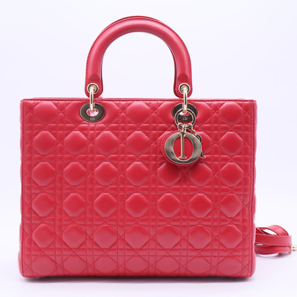 Pure Red Quilted Cannage Lambskin Leather Large Lady Dior Bag Twins