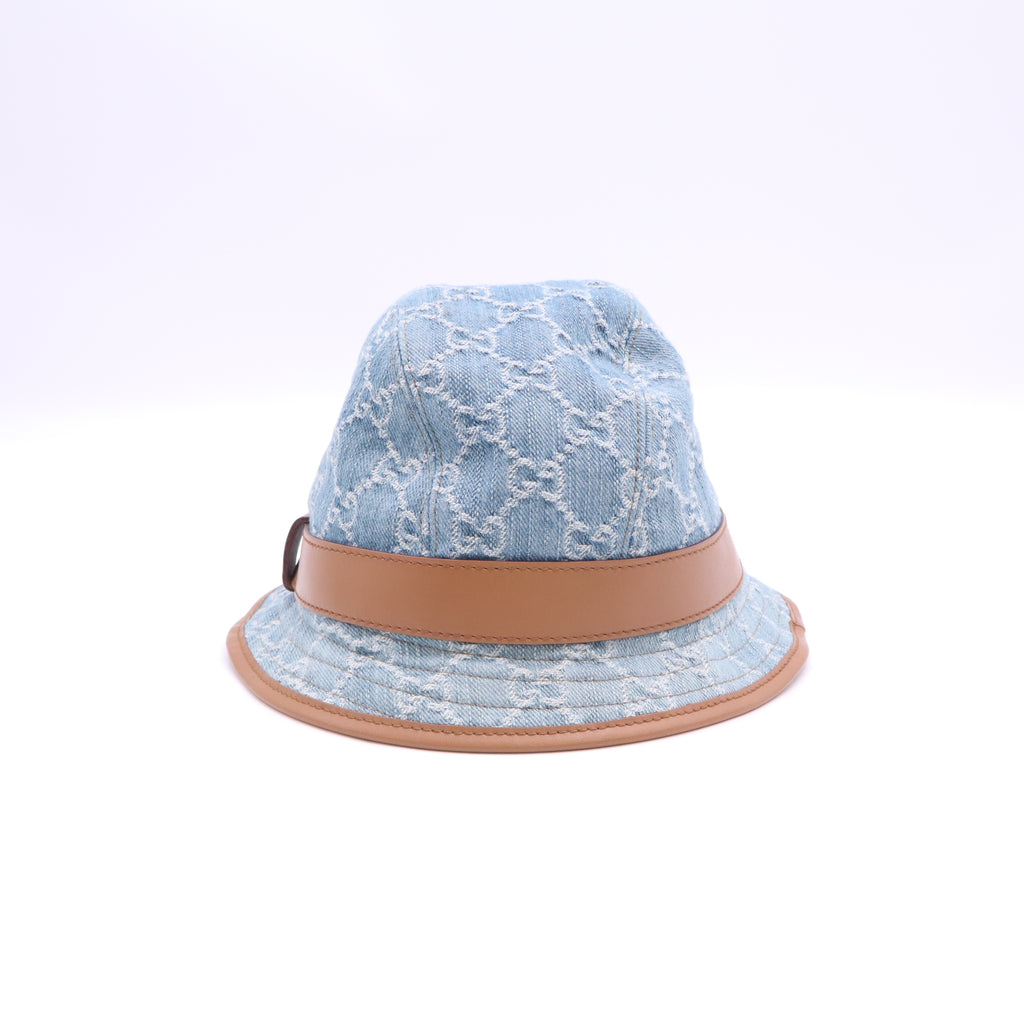 Gucci GG Monogram Denim Leather-Trim Bucket Hat W23172