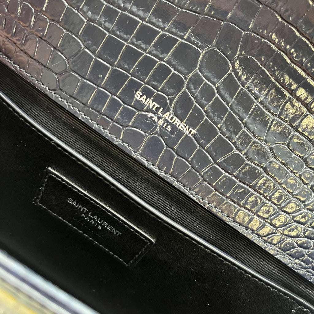 Calfskin Crocodile Embossed Medium Classic Monogram Kate Tassel Satchel Black twins