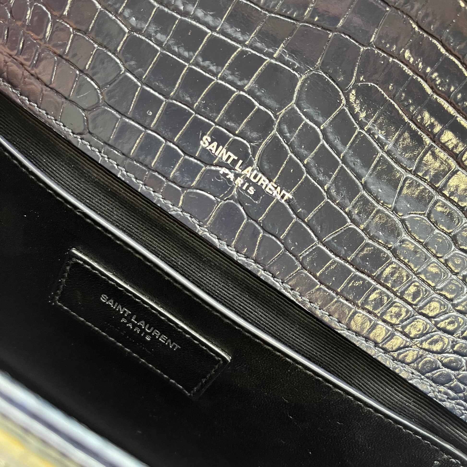 Calfskin Crocodile Embossed Medium Classic Monogram Kate Tassel Satchel Black twins