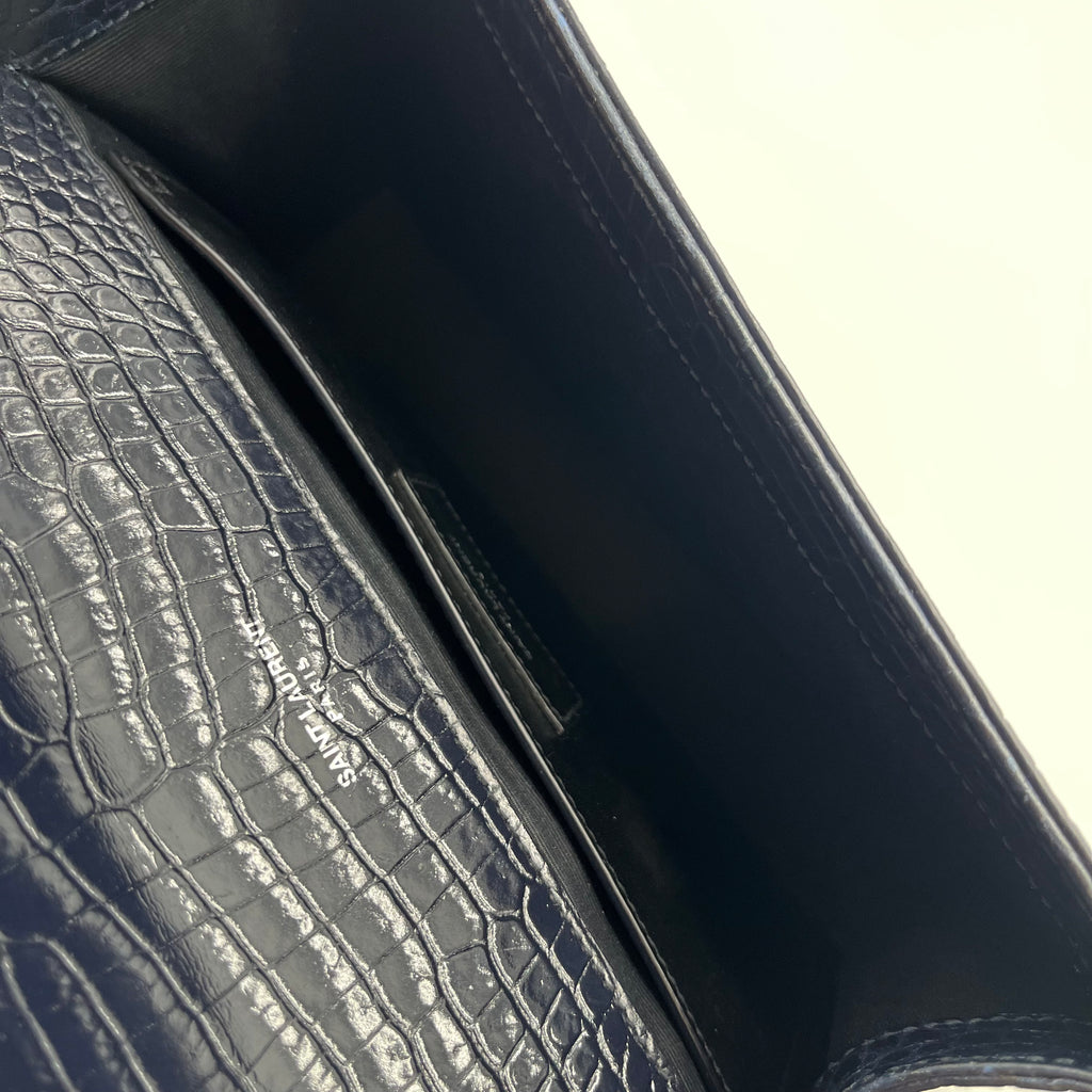 Calfskin Crocodile Embossed Medium Classic Monogram Kate Tassel Satchel Black twins