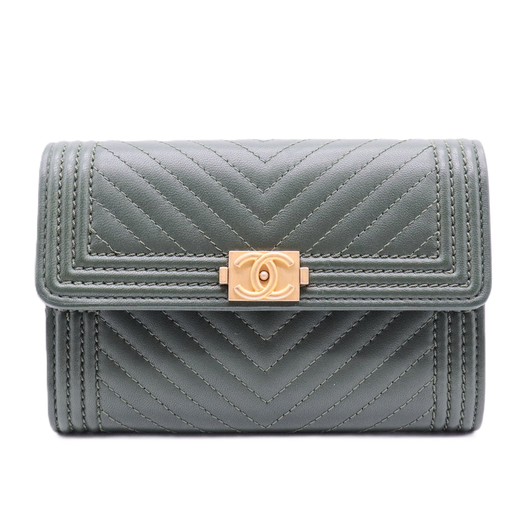Chanel Green Chevron Leather Boy Wallet