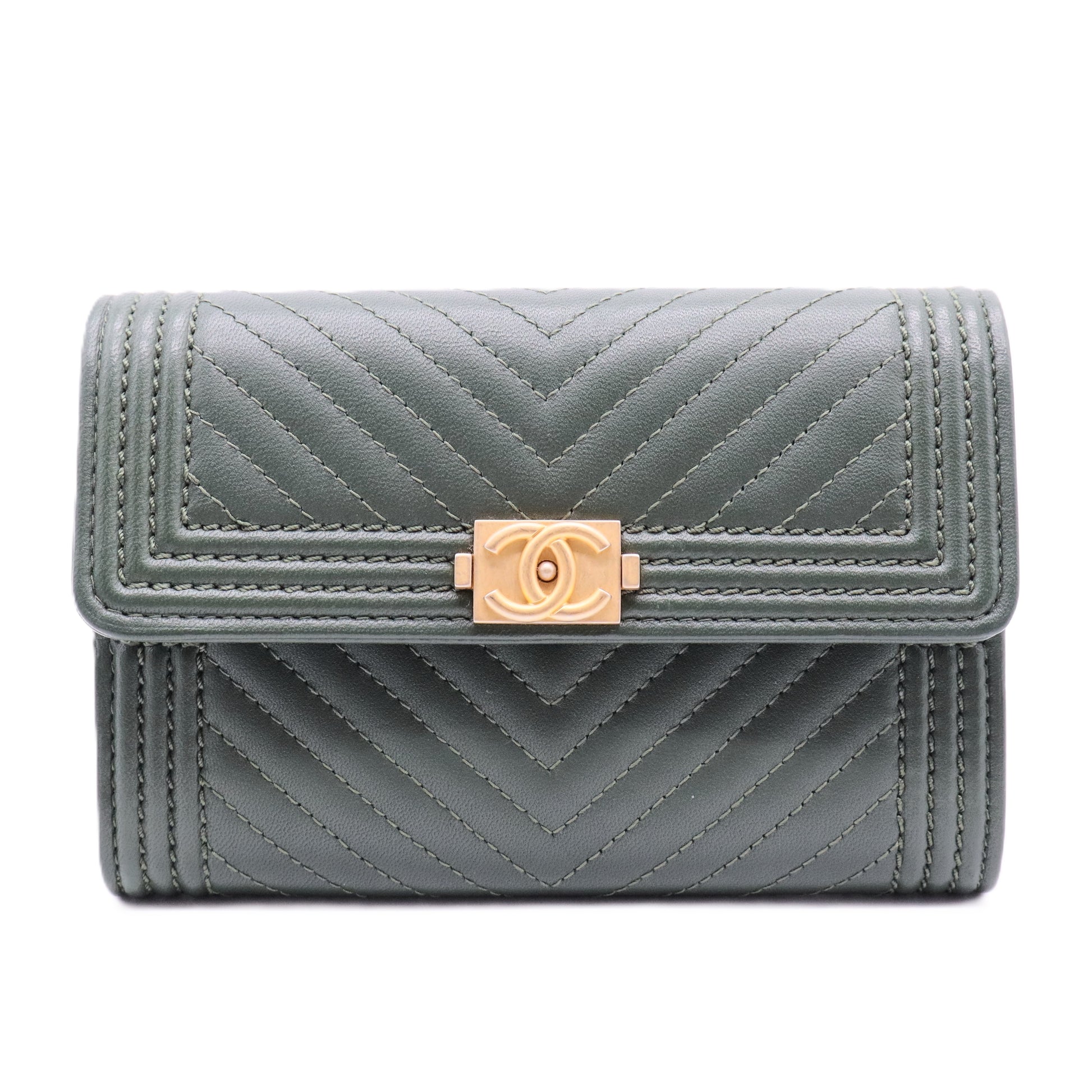 Chanel Green Chevron Leather Boy Wallet