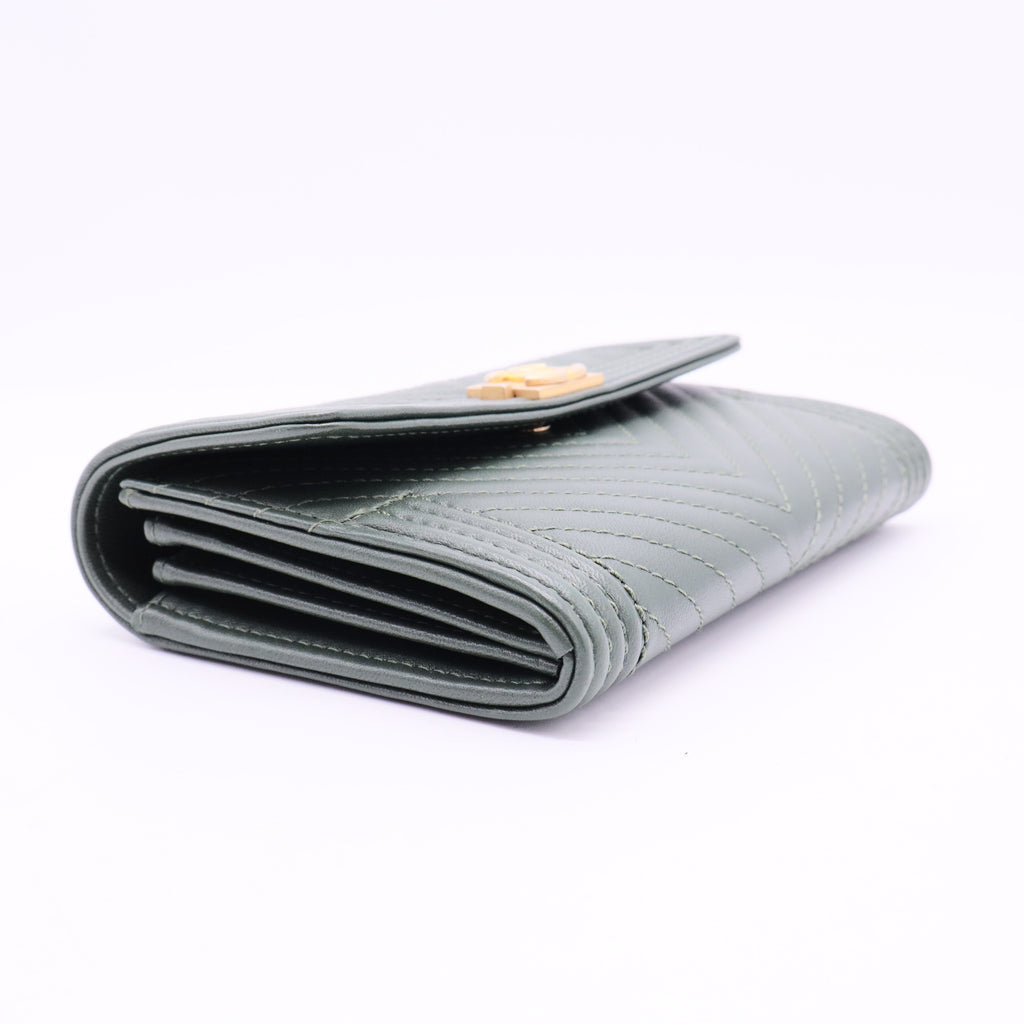 Chanel Green Chevron Leather Boy Wallet