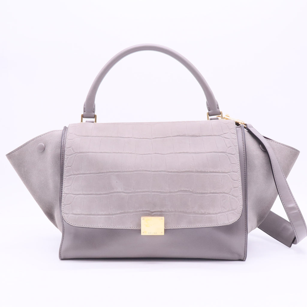 Two Tone Grey Croc Embossed Leather and Suede Medium Trapeze Top Handle Bag