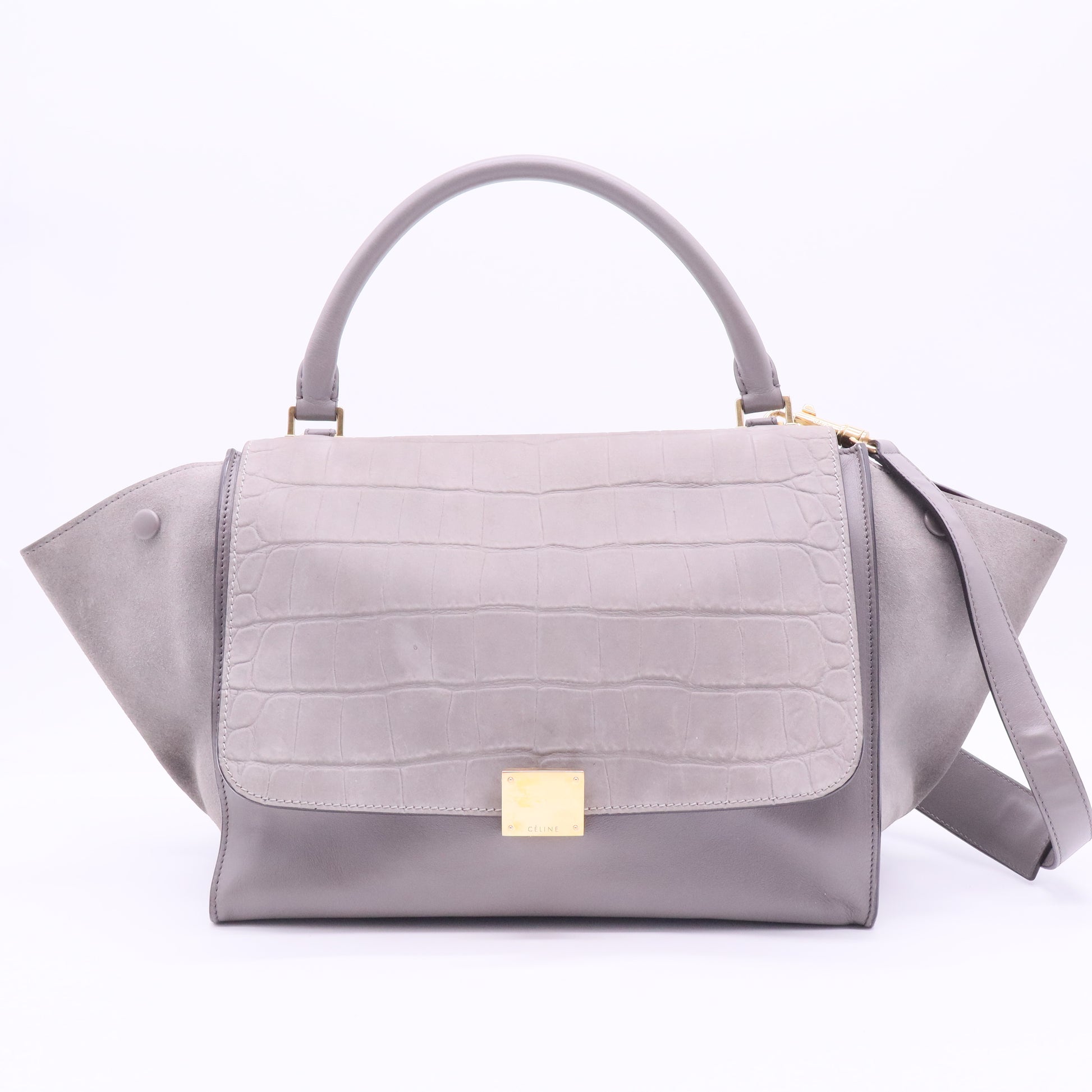 Two Tone Grey Croc Embossed Leather and Suede Medium Trapeze Top Handle Bag