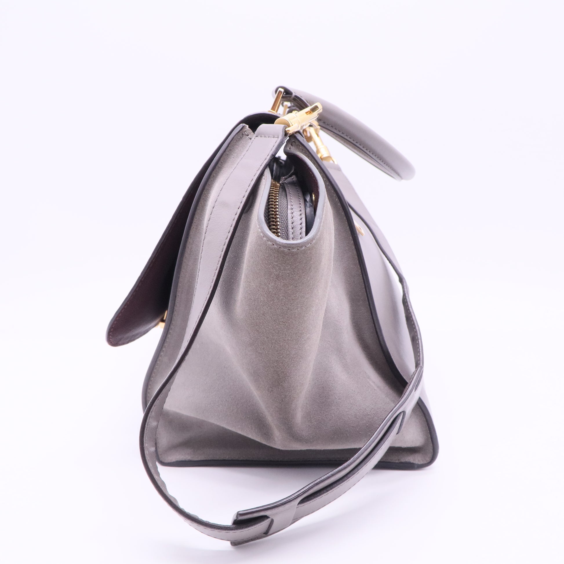 Two Tone Grey Croc Embossed Leather and Suede Medium Trapeze Top Handle Bag