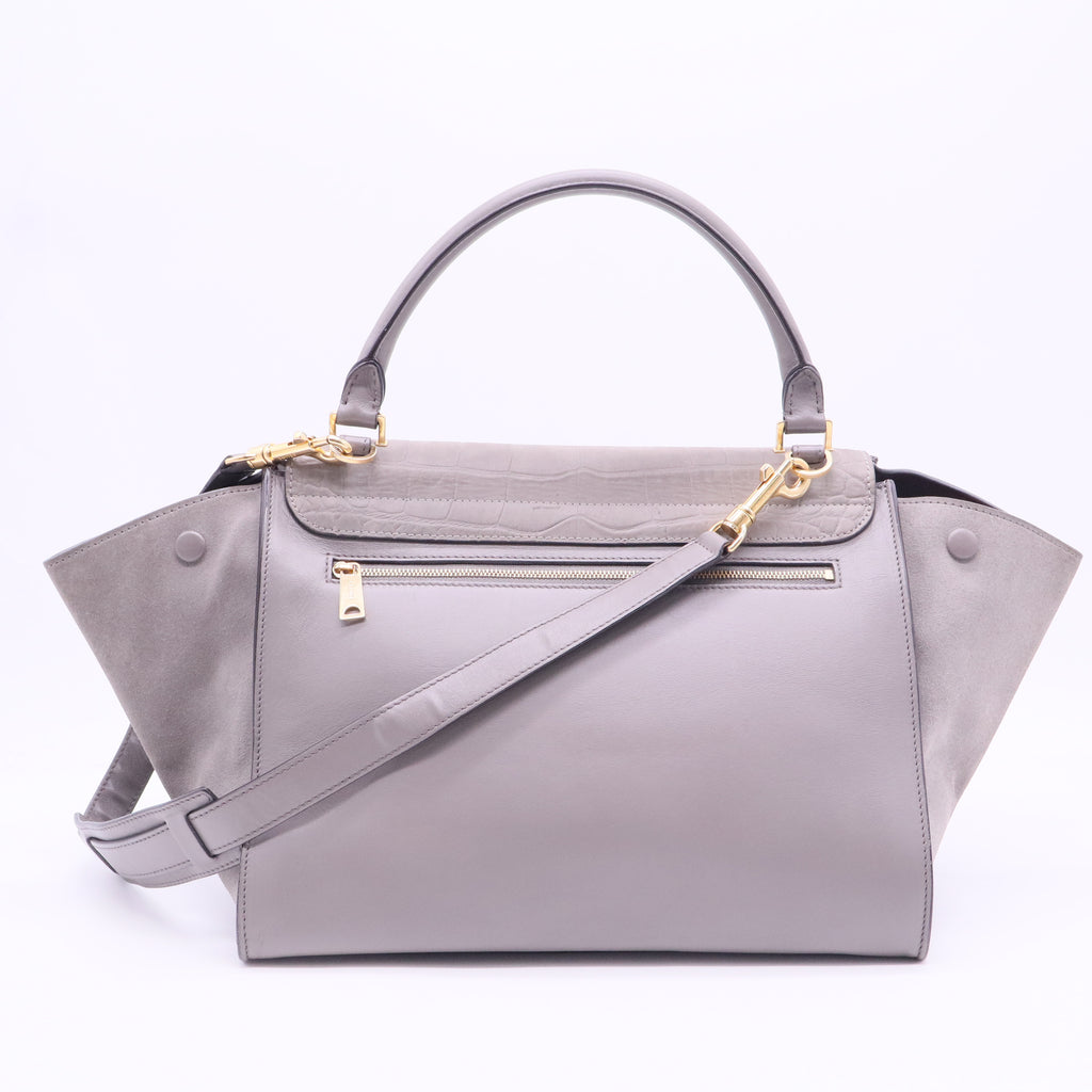 Two Tone Grey Croc Embossed Leather and Suede Medium Trapeze Top Handle Bag