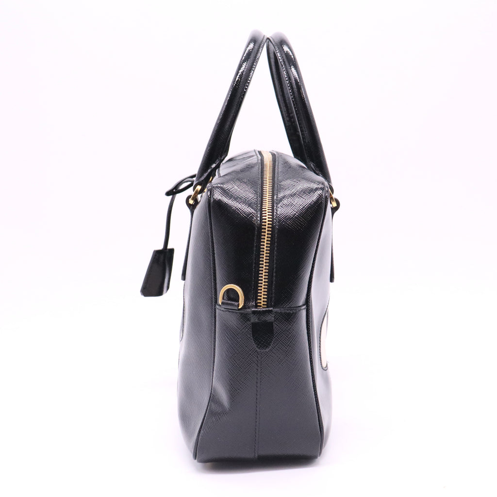 Saffiano Vernice Floral Bauletto Bag Black