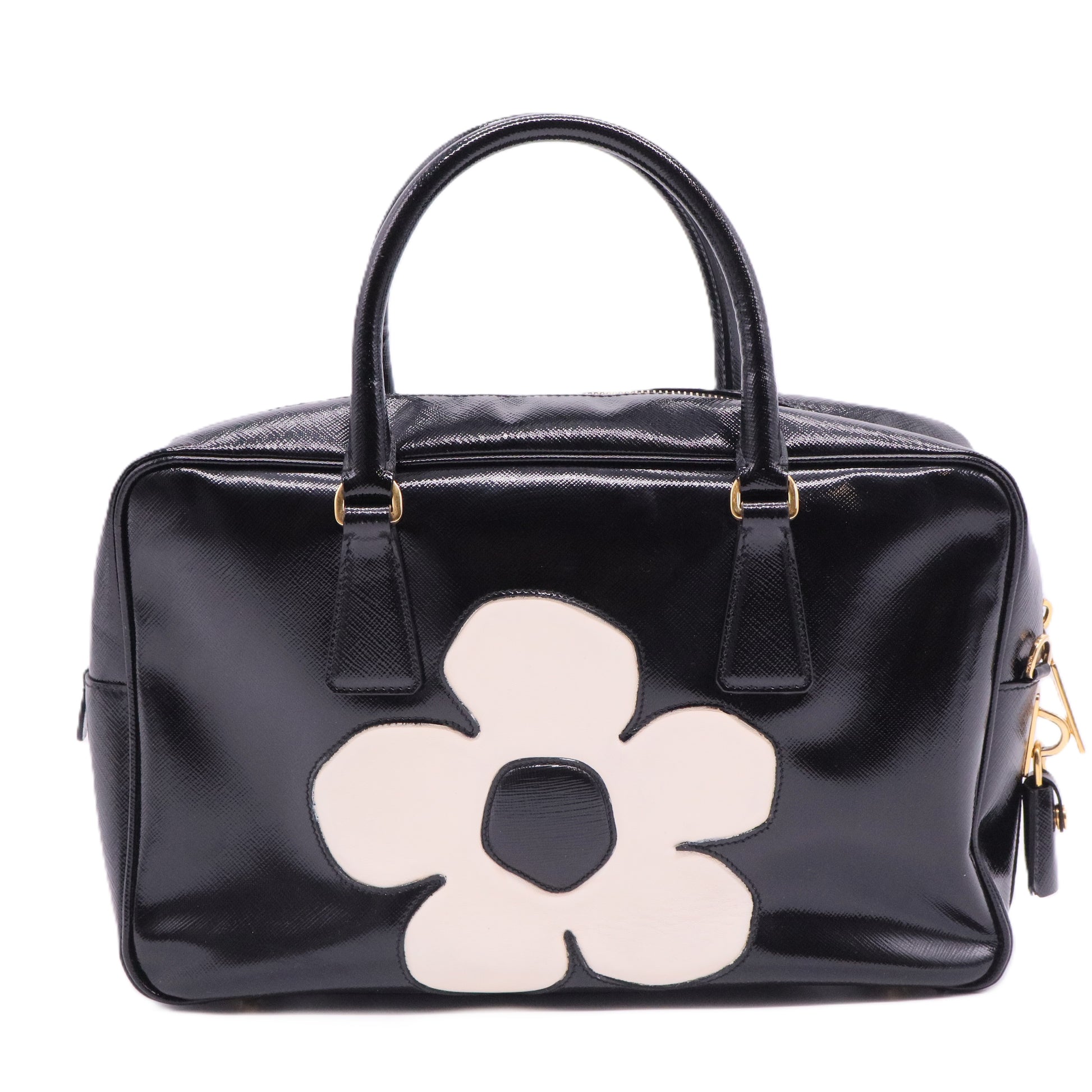 Saffiano Vernice Floral Bauletto Bag Black
