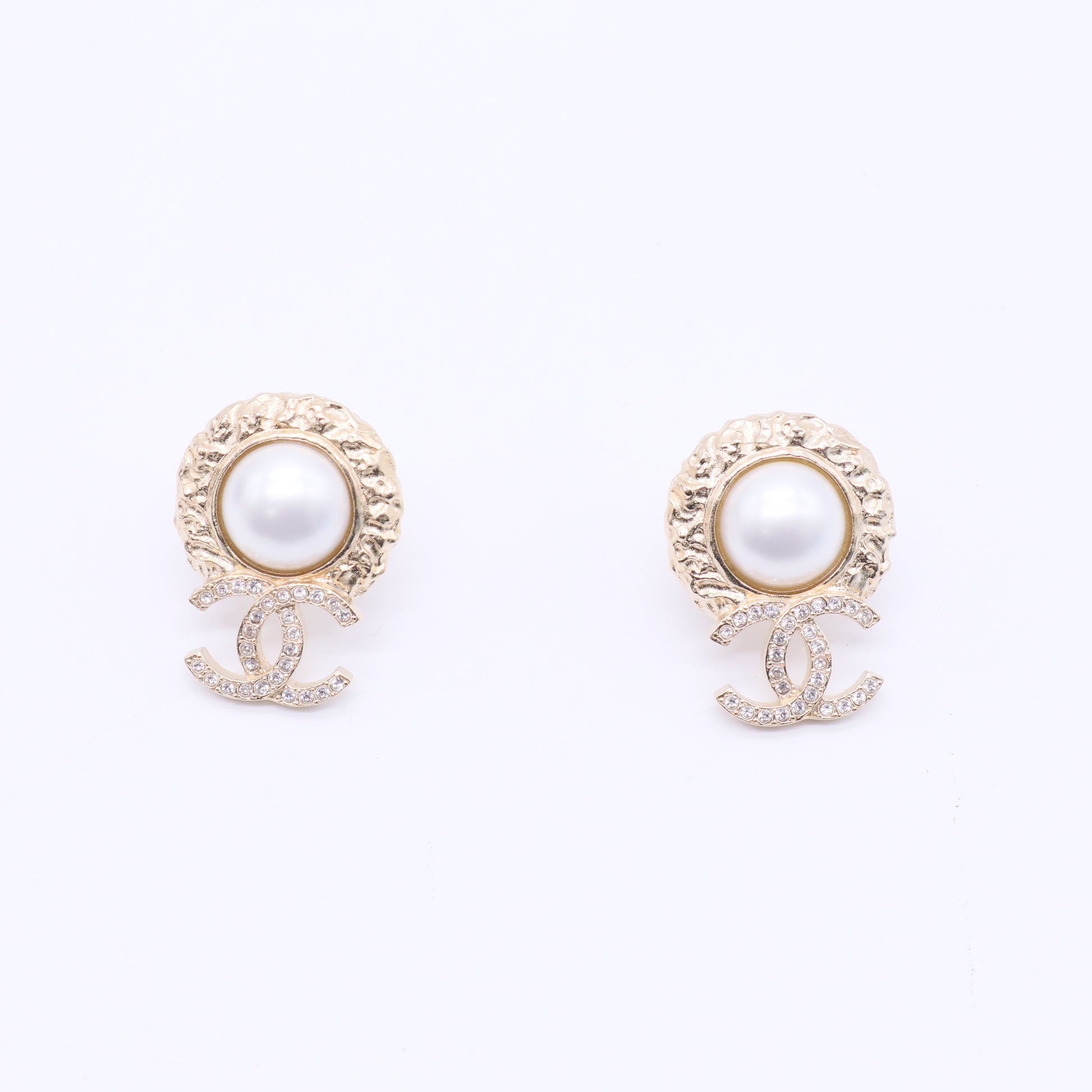Chanel 2022 Faux Pearl & Strass CC Stud Earrings twins