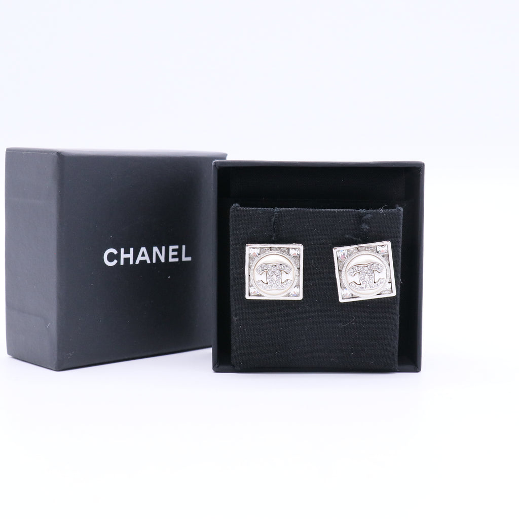 Chanel 2023 Faux Pearl & Strass CC Stud Earrings twins