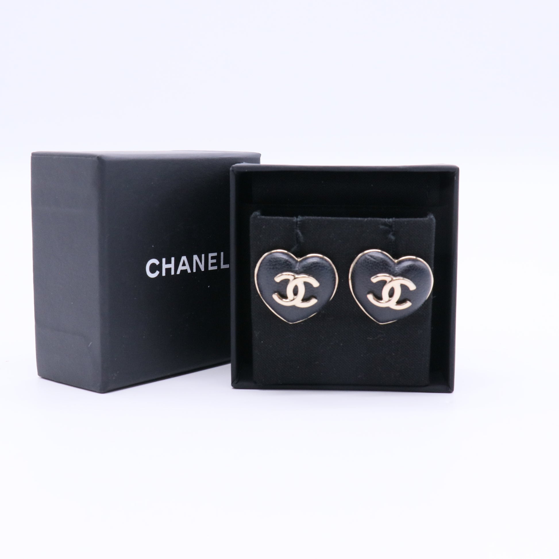 Chanel  Lambskin CC Heart Earrings Black Gold twins