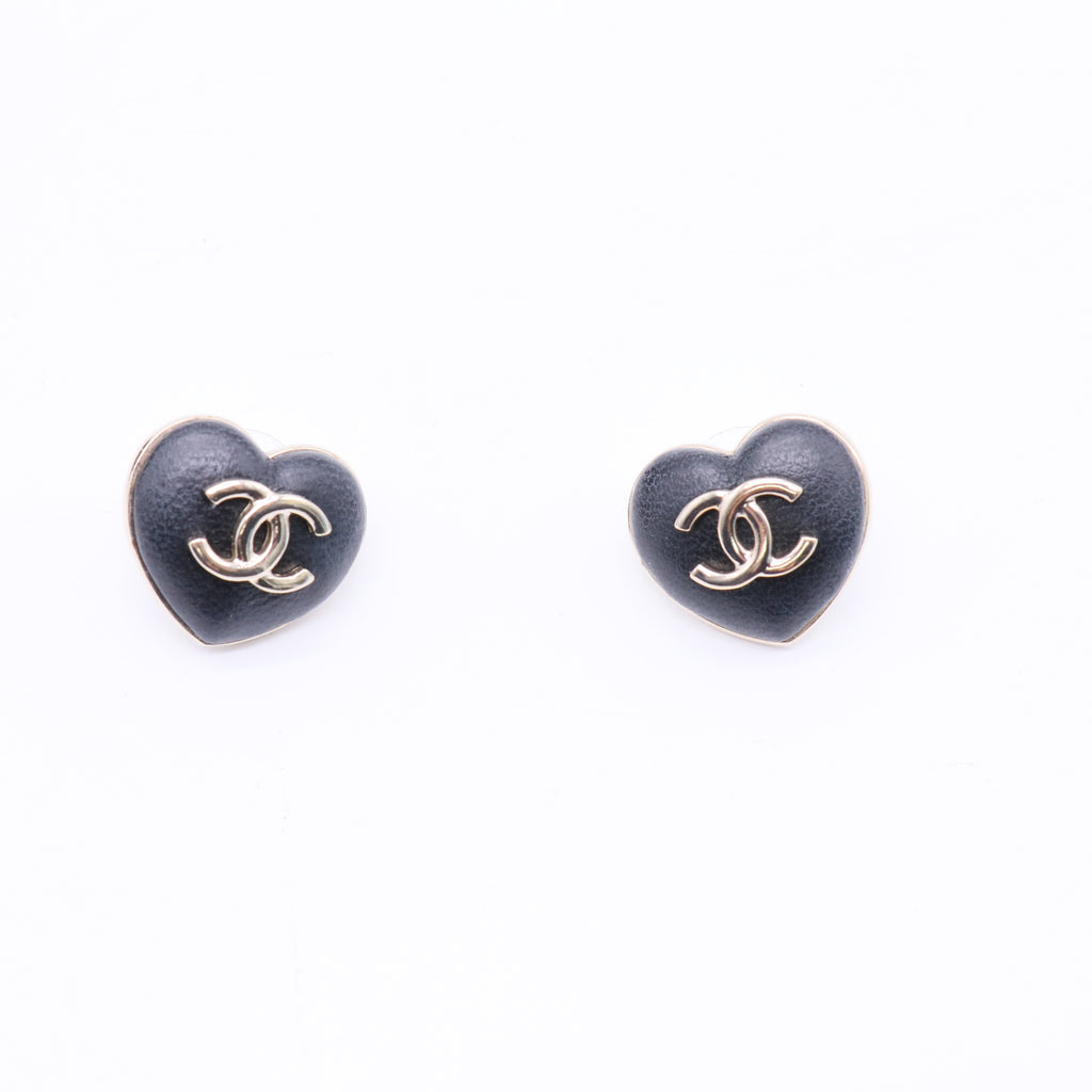 Chanel  Lambskin CC Heart Earrings Black Gold twins