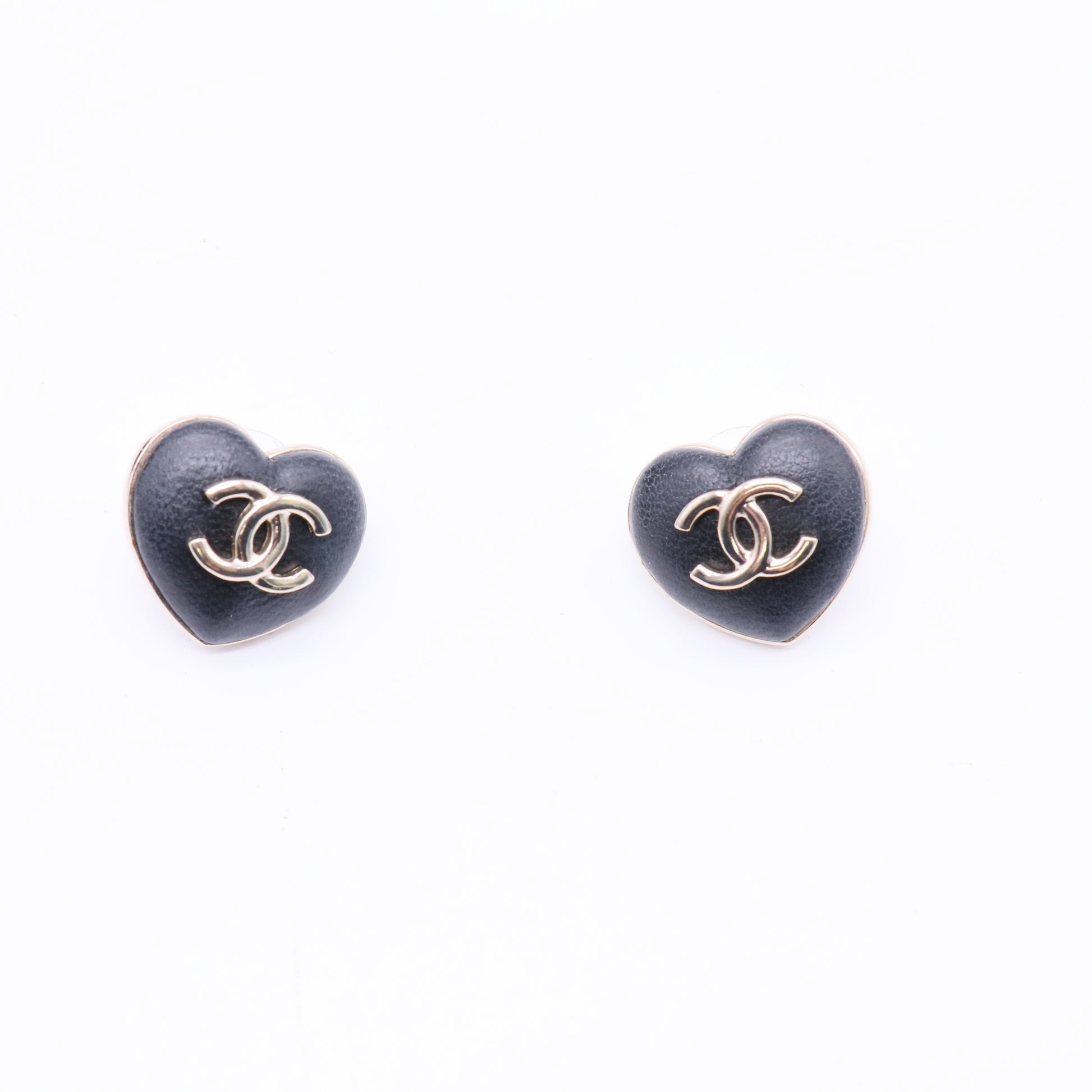 Chanel  Lambskin CC Heart Earrings Black Gold twins