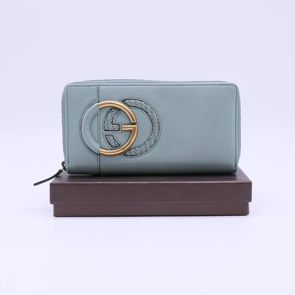 Gucci Interlocking G Braided Leather Zip Around Wallet W22079