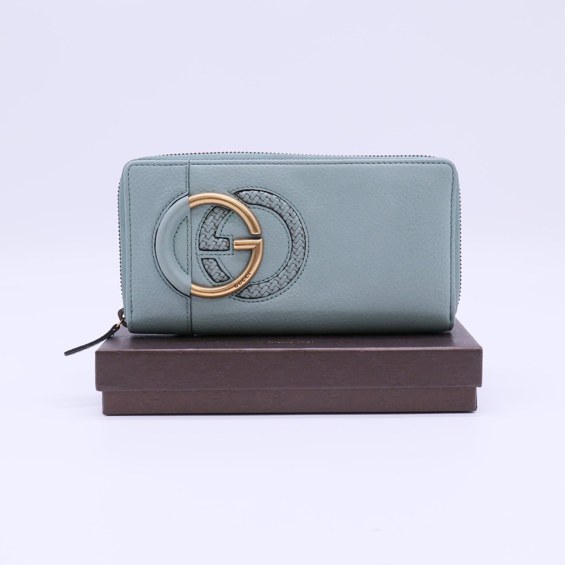 Gucci Interlocking G Braided Leather Zip Around Wallet W22079