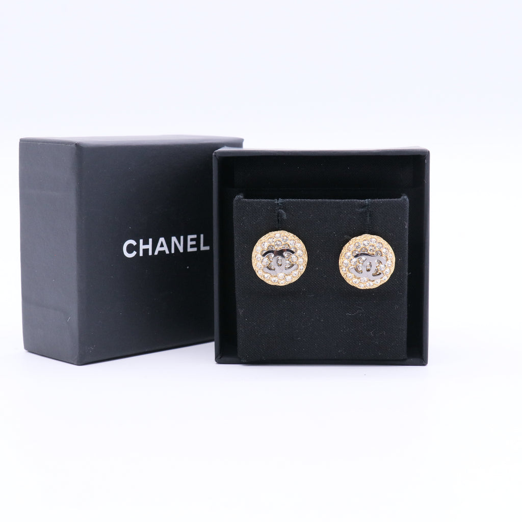Chanel round gold diamond case black logo earrings Twins
