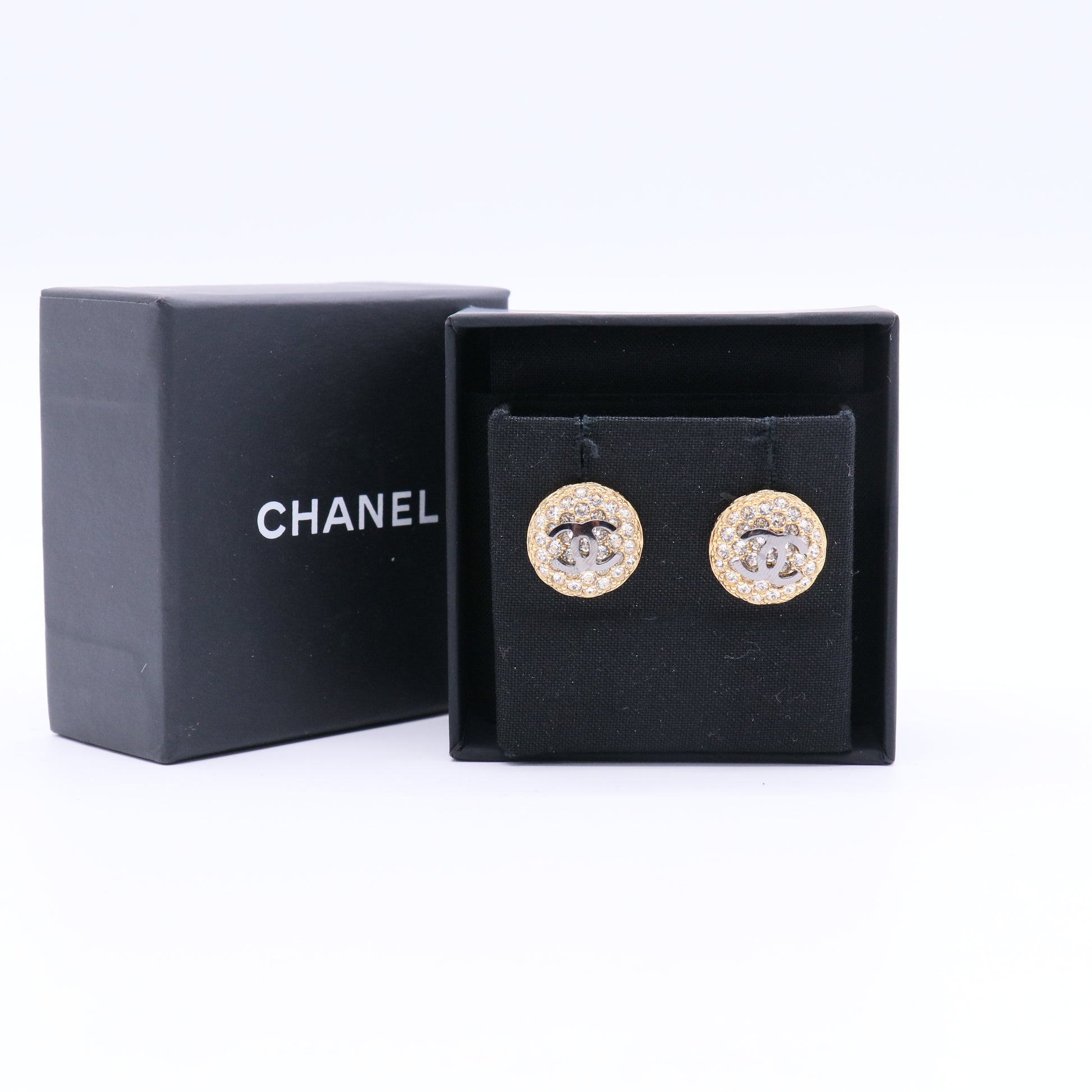 Chanel round gold diamond case black logo earrings Twins