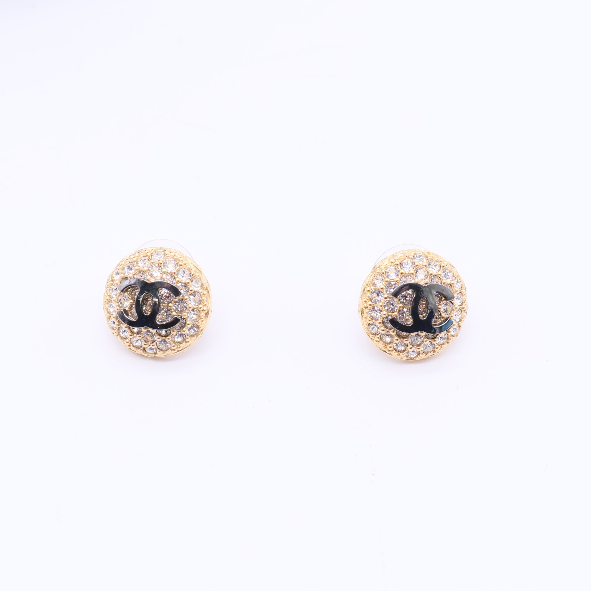 Chanel round gold diamond case black logo earrings Twins