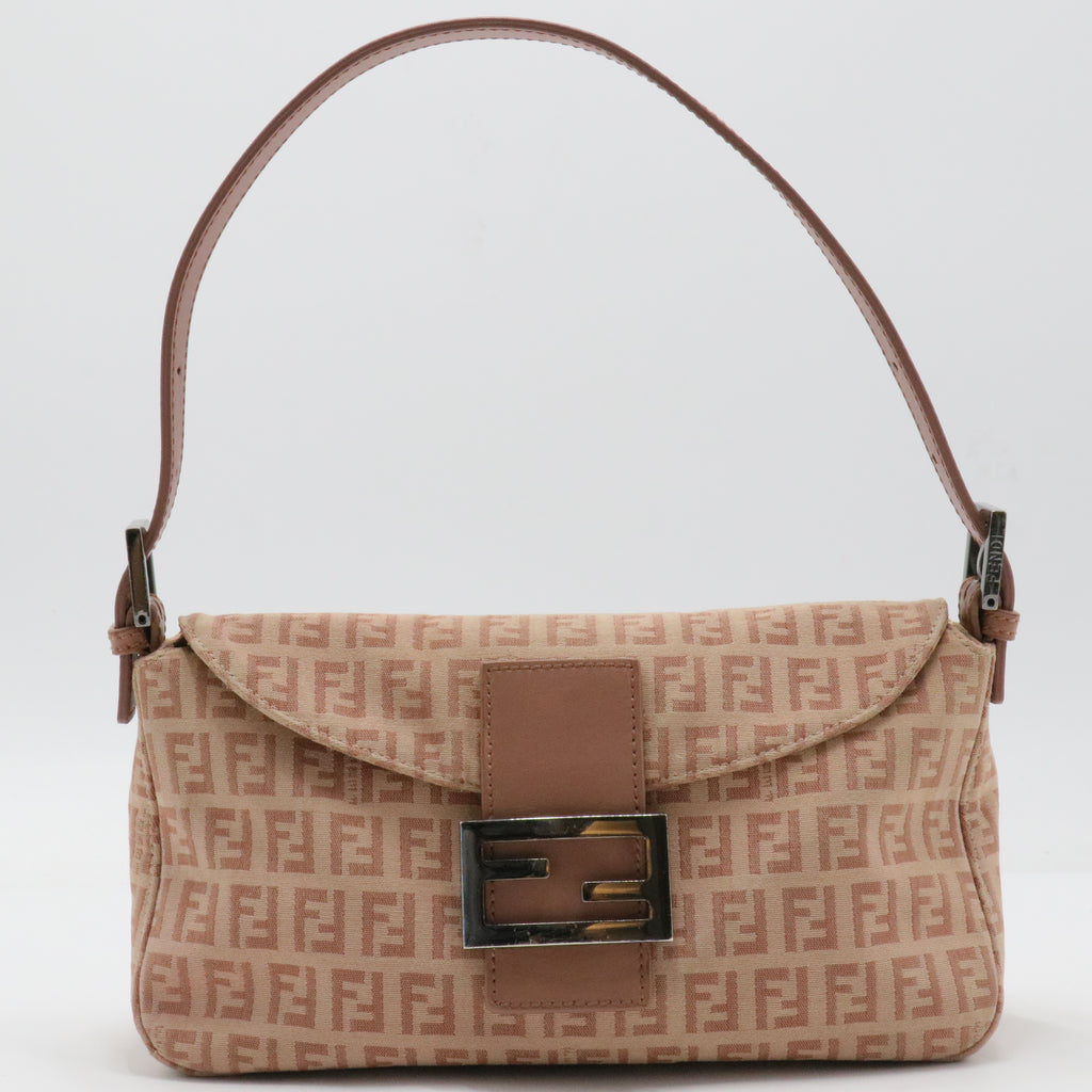 Fendi Pink Zucchino Canvas Double Flap Shoulder Bag Beige