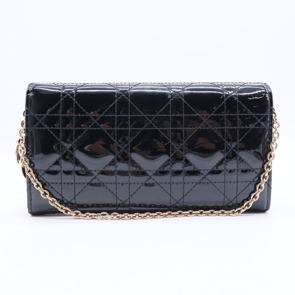 Black Cannage Patent Leather Lady Dior Wallet on Chain