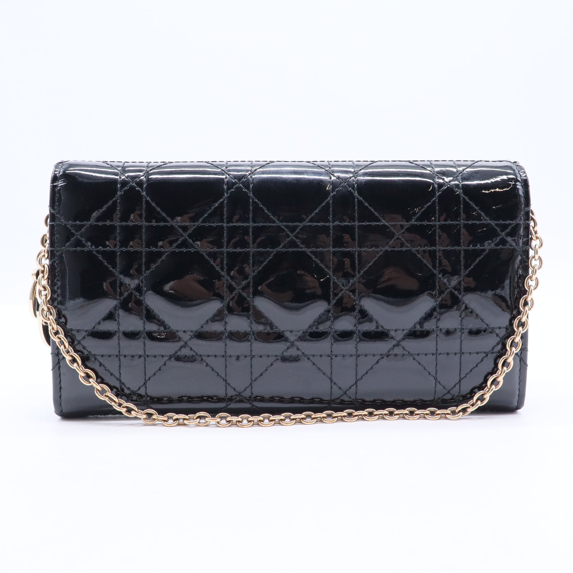 Black Cannage Patent Leather Lady Dior Wallet on Chain